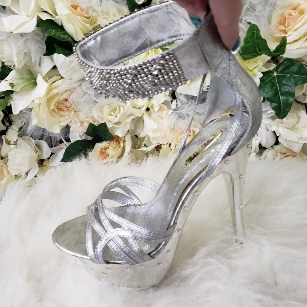 Silver Rhinestone Platform Heels - Picture 2 of 6